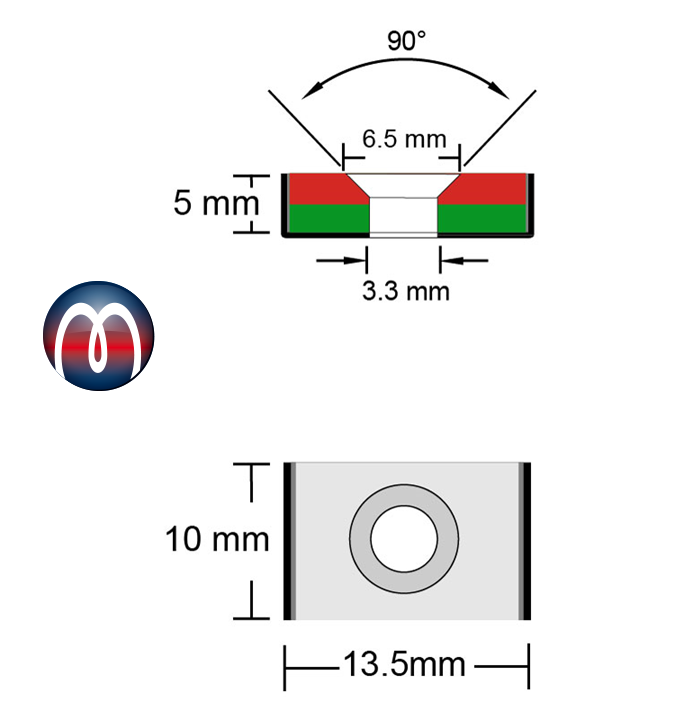 Quadermagnet Neodym 10 x 13,5 x 5 mm mit Senkloch, N35, vernickelt - hält 2,8 kg