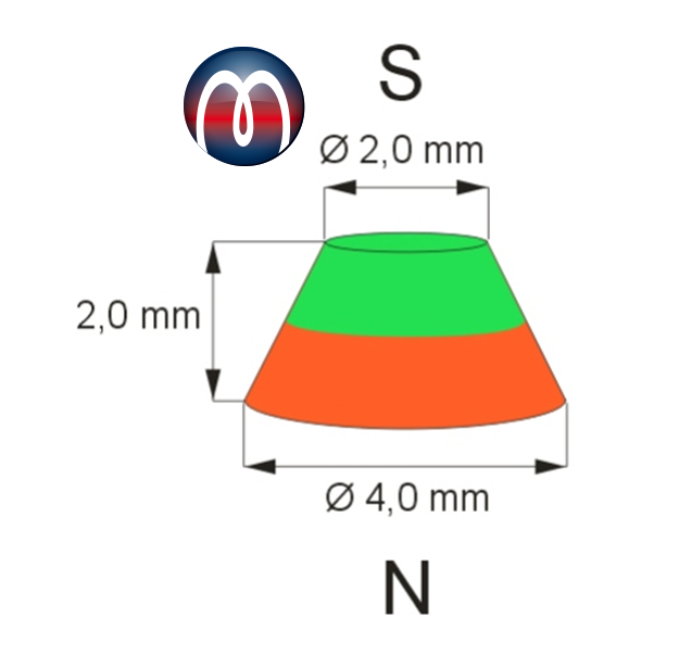 Konusmagnet Ø 4,0 mm x 2,0 mm x 2,0 mm Neodym N45 Gold