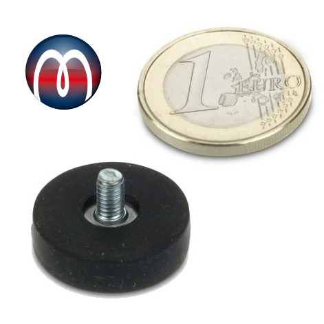 Sistema magnetico al neodimio Ø 22 mm nero gommato con gambo filettato M4 x 6.5 - tiene 5,8 kg