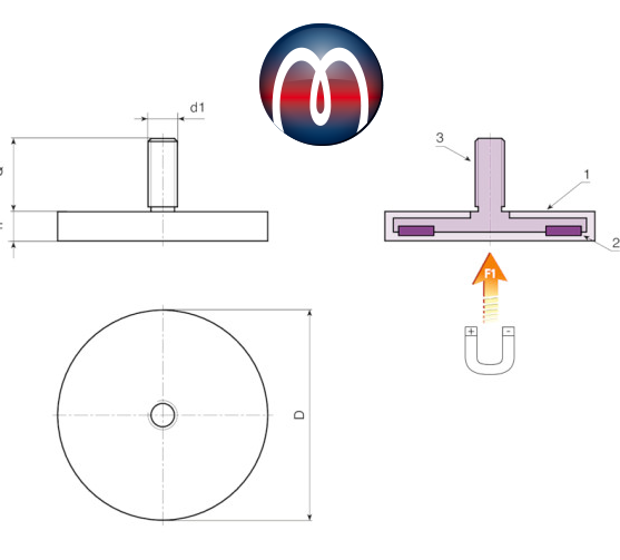 Base Magnetica In Neodimio Gommata 43mm - Foro Svasato, Forza 10kg, Altezza 6mm, N35