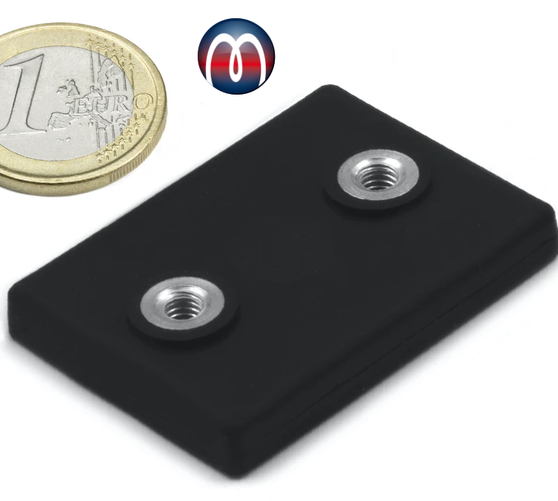 Magnetsystem Neodym 43 x 31 mm schwarz gummiert mit 2x Innengewinde M4 - hält 10 kg