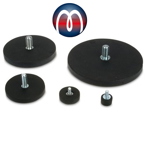 Neodymium magnet systems Magnet systems with threaded pin thread rubberized NdFeB magnets, round magnet systems with threaded pin for screwing in, neodymium magnet system black rubberized with threaded pin, holding magnet discs, rubber-coated with threaded pin on the back, magnet system rubberized with thread