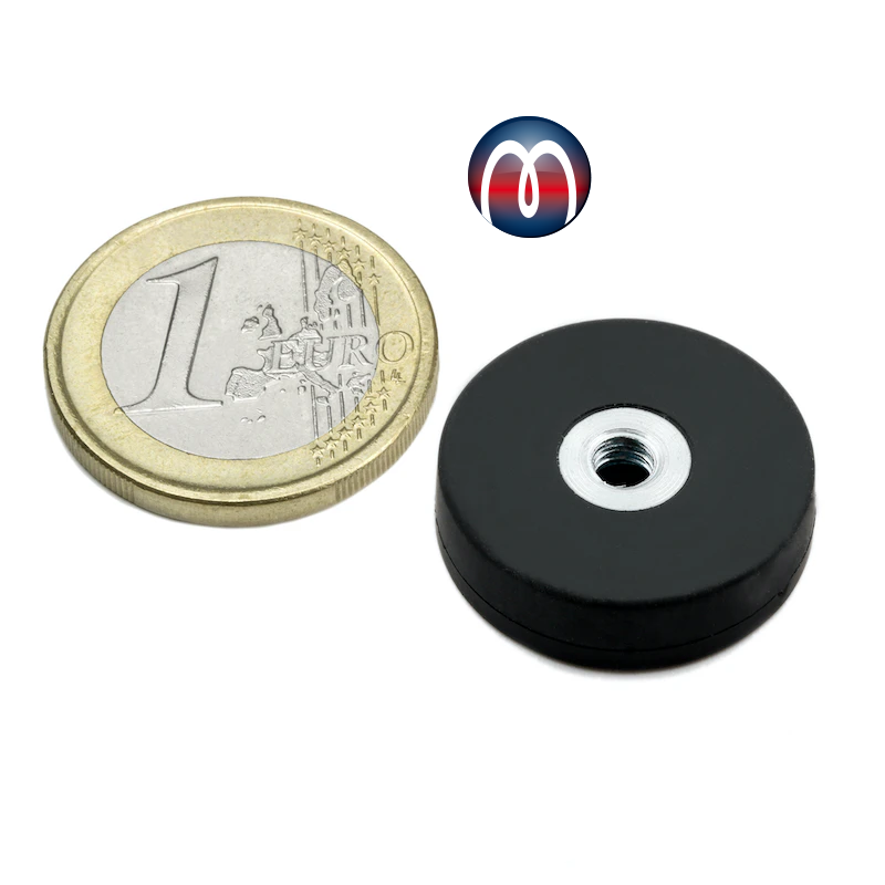 Neodymium magnet system Ø 22 mm - Ø 88 mm black rubber-coated with internal thread - holds 3,8 kg - 55 kg