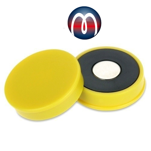 Neodymium Bulletin Board Magnets Ø 30 mm x 8 mm in Yellow Plastic Housing - pull 2,7 kg