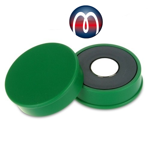 Neodymium Bulletin Board Magnets Ø 30 mm x 8 mm in Green Plastic Housing - pull 2,7 kg