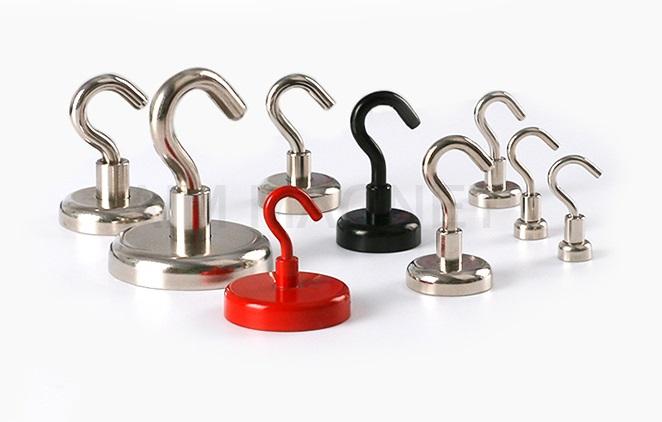 Neodymium Hook Magnets, Magnetic hook, Hook magnet, rare earth magnet with hook, magnetic hooks with high adhesive force, magnets for hanging, pot magnets, hook, hookmagnets, magnet hooks, flatgripper with hook, NdFeB magnets in steelpot, magnetic systems, hook eyebolt clamping magnets