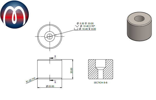 Neodym Ringmagnet N52 Ø 25 OD mm x Ø 5,5 ID mm x H 20 mm - M5 Nickel - hält 26 kg