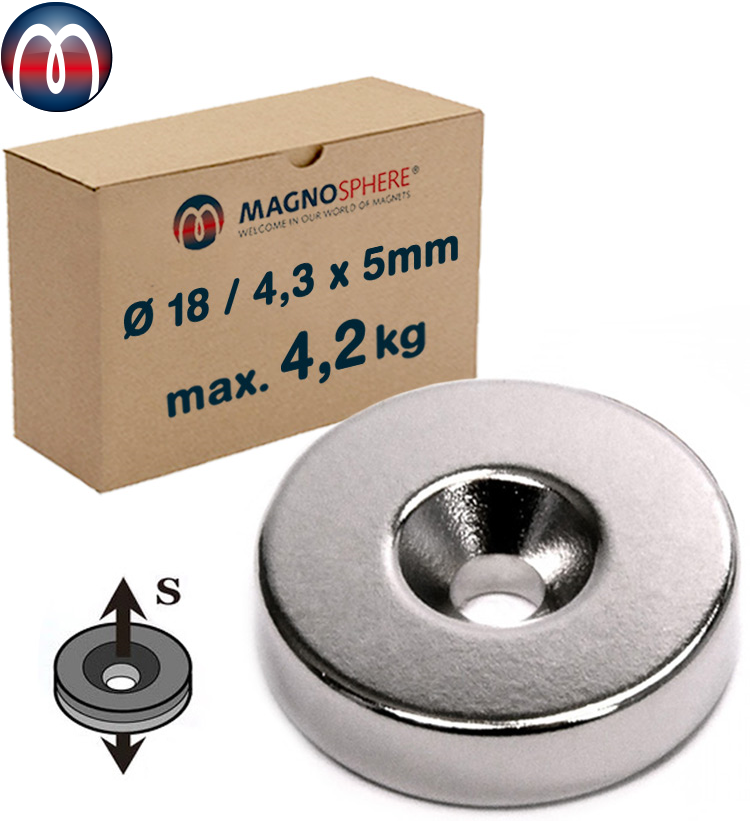 Anello Magnetico foro svasato Ø 18 x 4,3 x 5 mm Neodimio S-pole NdFeB N35 - tiene 4,3 kg