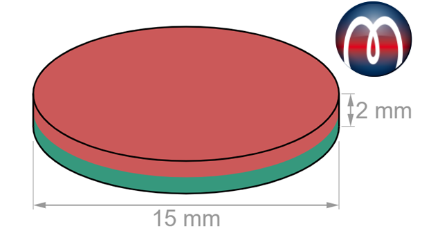 Scheibenmagnet Rundmagnet Ø 15 mm, Höhe 2 mm Neodym (NdFeB) N42 - hält 2,1 kg