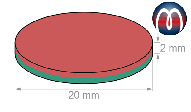 Scheibenmagnet Rundmagnet Ø 20 mm, Höhe 2 mm Neodym (NdFeB) N45 - hält 2,5 kg
