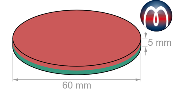Magnete Al Neodimio Disco 60mm X 5mm - N42 Nichelato - Forza 22 Kg - Magnosphere