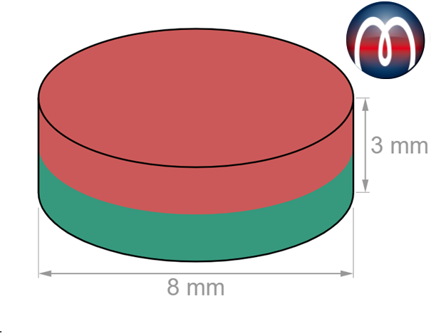 Scheibenmagnet Rundmagnet Ø 8 mm, Höhe 3 mm Neodym (NdFeB) N40 Nickel - hält 1,5 kg