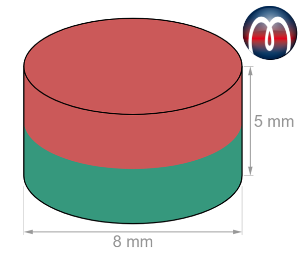 Disc magnet Ø 8 mm, height 5 mm Round Neodymium Magnet N45 Epoxi - holds 2,5 kg