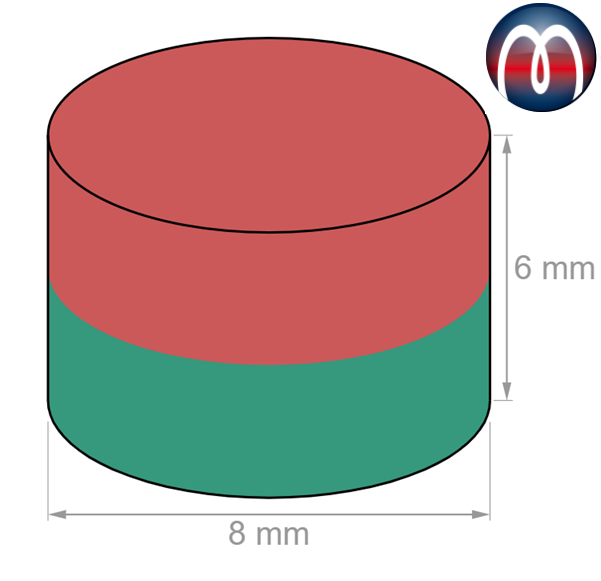 Scheibenmagnet Rundmagnet Ø 8 mm, Höhe 6 mm Neodym (NdFeB) N35 Nickel - hält 2,2 kg