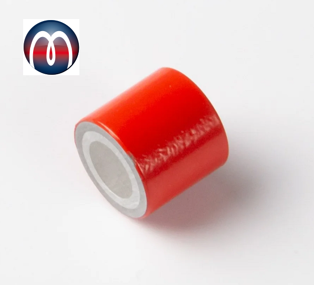 Alnico Bar Magnet Ø 17 mm - 16 mm in red steel body with internal thread M6 x 5  - holds 2,6 kg