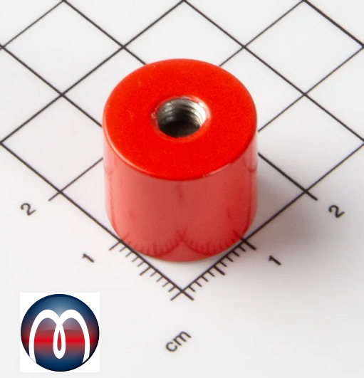 Alnico Bar Magnet Ø 17 mm - 16 mm in red steel body with internal thread M6 x 5  - holds 2,6 kg