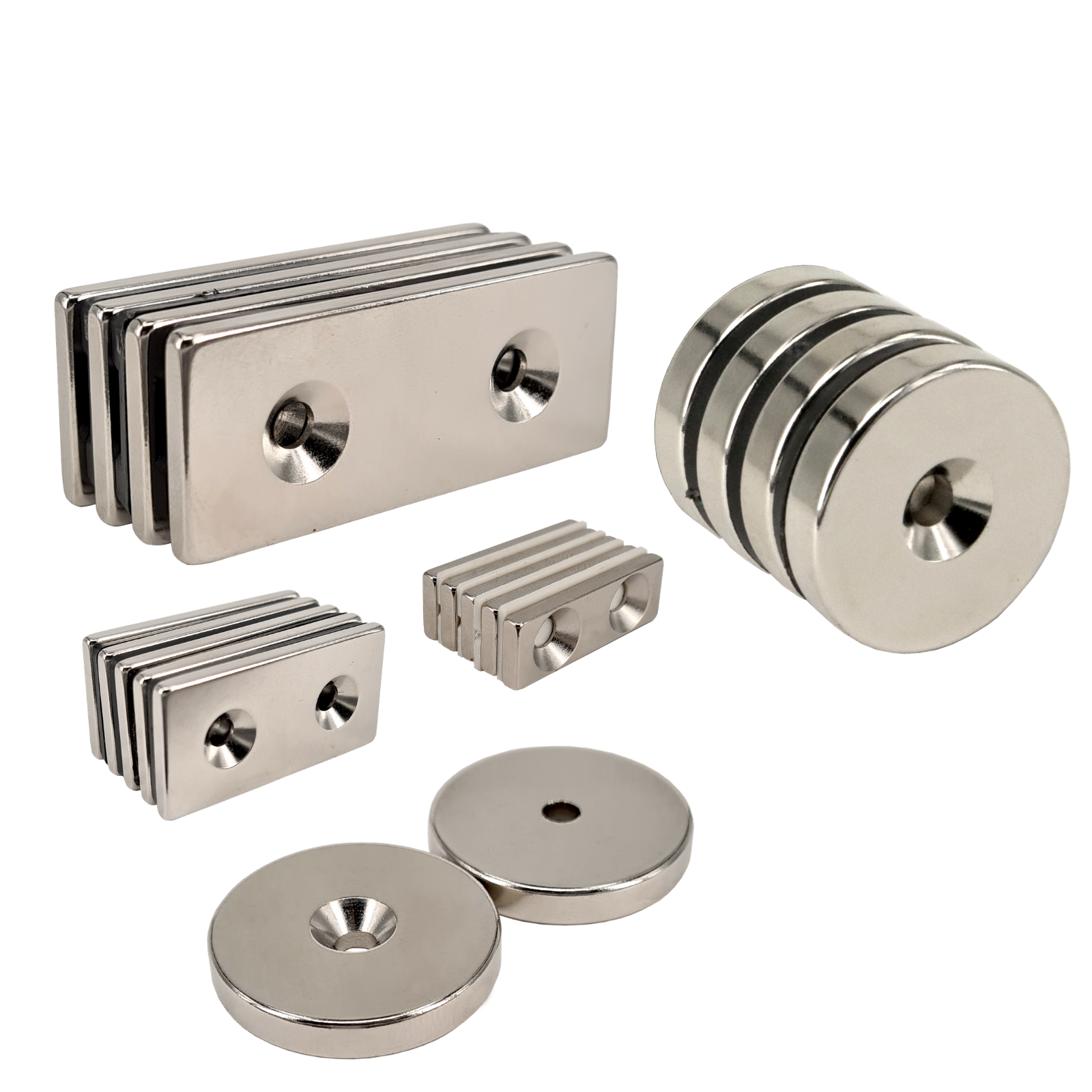 Screw-On neodymium magnets with bore and countersink round, square, with one or two holes, NdFeB countersunk Rectangular Round Magnets, neodymium magnetic system